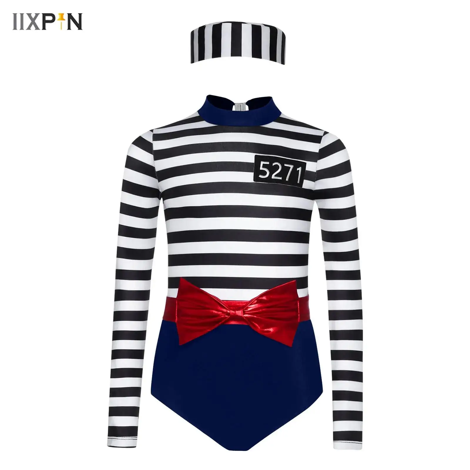 

3Pcs Girls Prisoner Costume Halloween Cosplay Set Long Sleeve Stripes Crotch Press Buttons Jumpsuit+Bow Waist Belt+Convict Cap