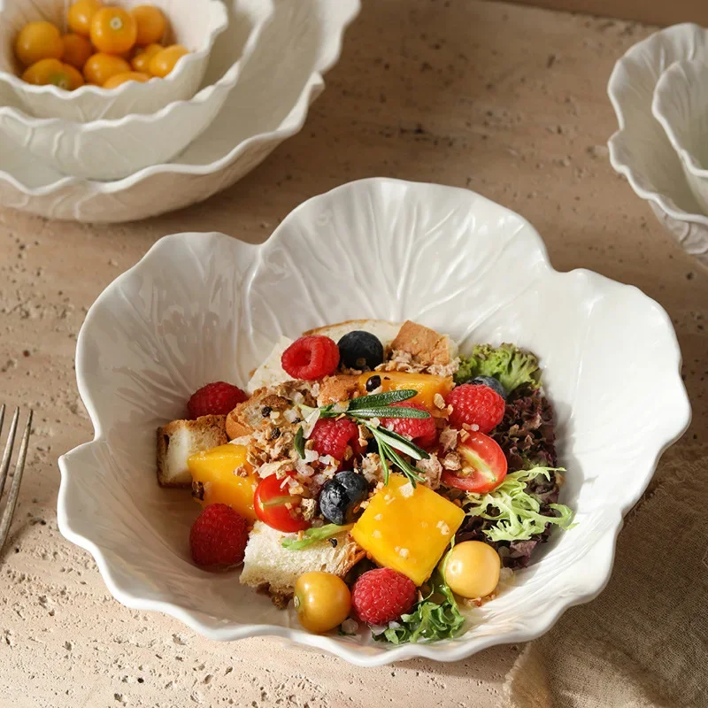 1PC Ceramic flower deep bowl, pure white creative cabbage relief tableware, fruit and vegetable salad bowl tableware