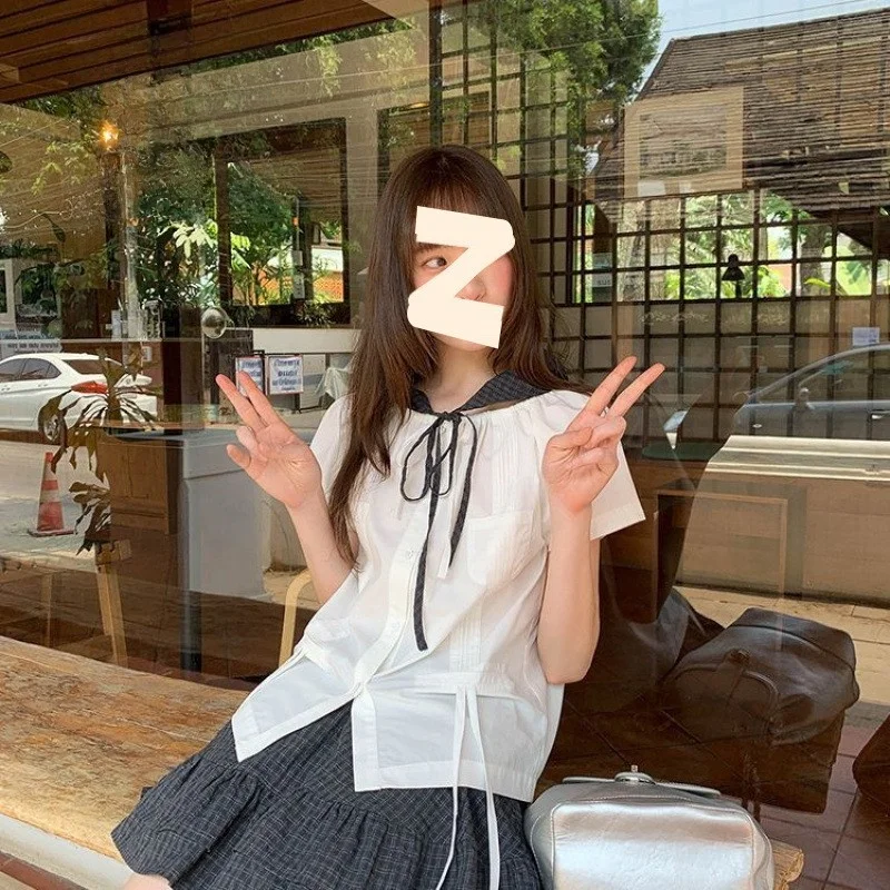 

Повседневная женская рубашка с воротником-стойкой и коротким рукавом, универсальный летний модный топ из смесового хлопка и полиэстера