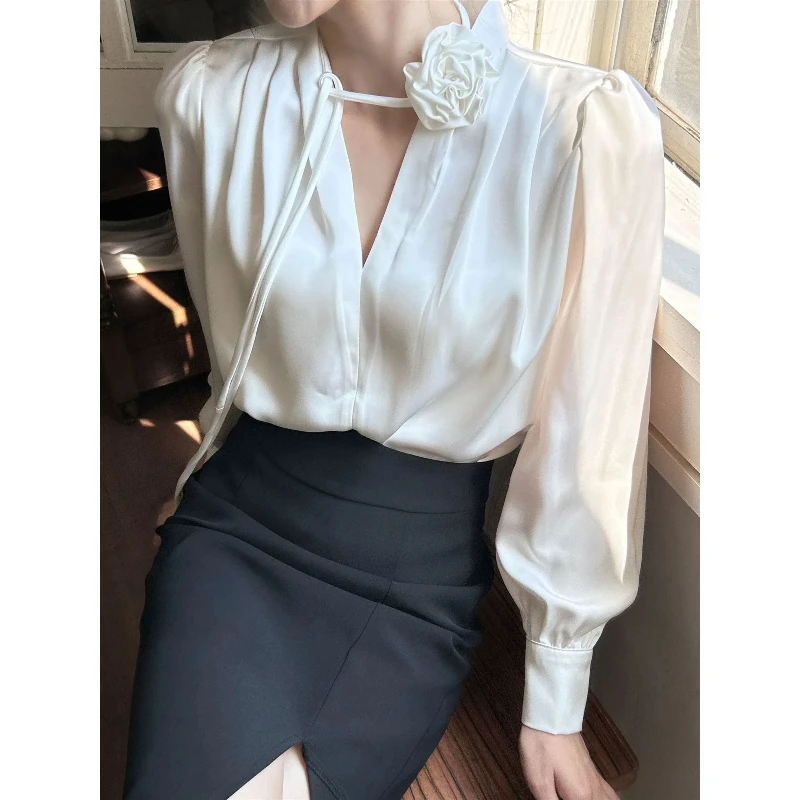 Women Clothing Elegant V Neck Blouse Long Sleeve Solid Color Loose Temperament Shirt Tops Fashion Vintage Spring Autumn New