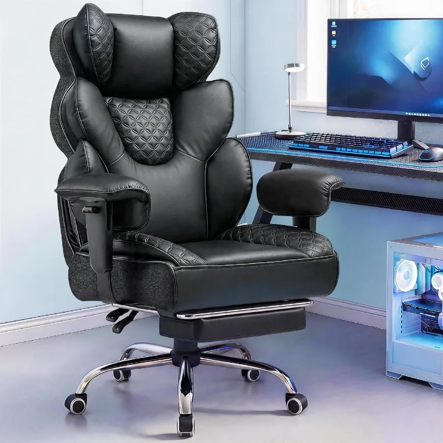 Big and Tall Gaming Chair Ergonomic Heavy Duty Office Chair Racing Seat with Adjustable Lumbar Pillow Footrest 150° Reclining T