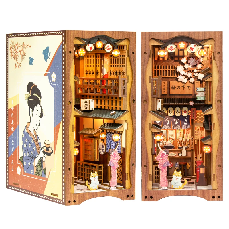 Cutebee DIY Book Nook Shelf Insert Kits Japanese Cherry Wooden Miniature House with Furniture LED DIY Toy Gift for Girls