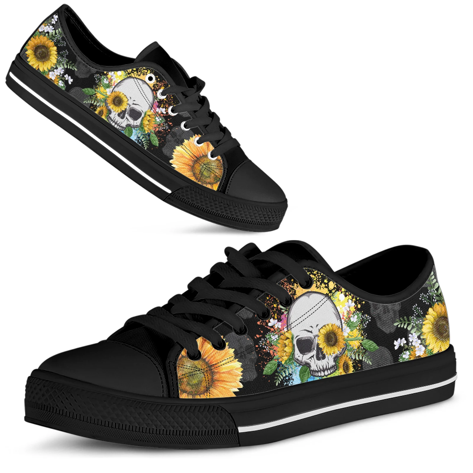 ELVISWORDS Artistic Graffiti Skull Design Brand Shoes Sunflower Skull Print Shoes Black Gothic Skull Women's Canvas Shoes