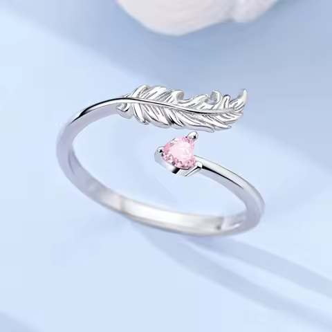 925 Silver Ring For Lady Feather Pink Heart Adjustable Open Ring Weddings Gifts Jewelry