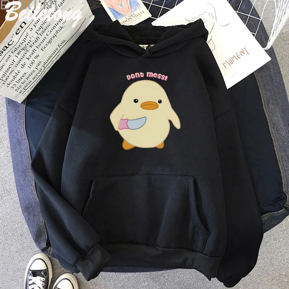 Dont Mess Duck Holding Knife Kawaii Cartoon Print Hoodies Plus Size Creativity Sweatshirts Harajuku Female Long SleeveStreetwear