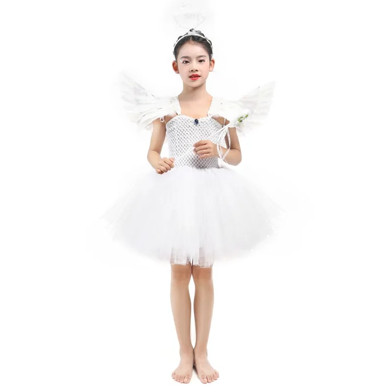 Girls Black White Angel Tutu Dress With Winged Hair Accessory For Kids Halloween Matching Outfit Holiday Stage Party Performance