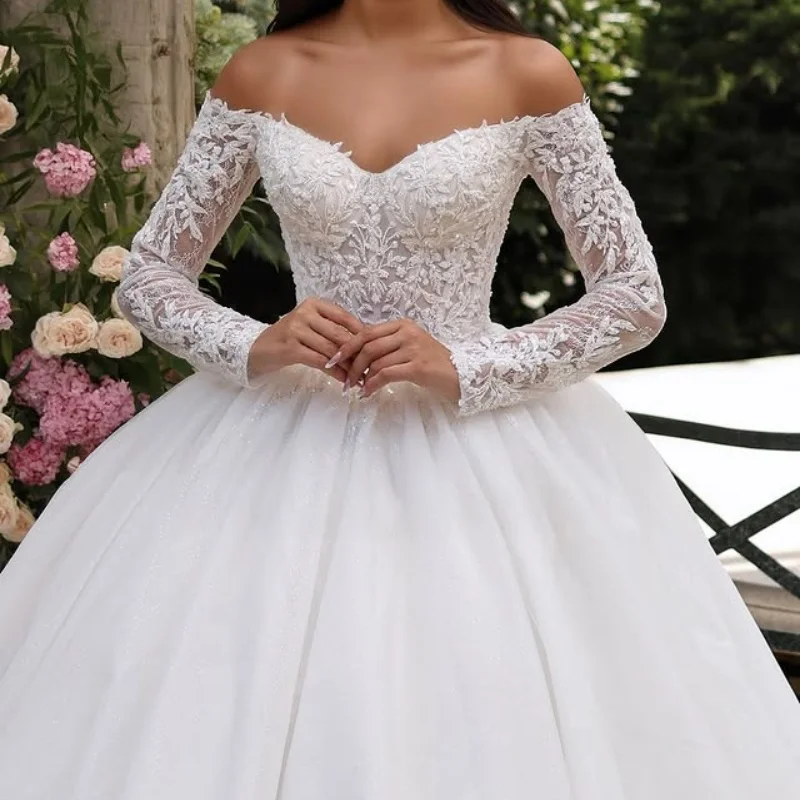 Shiny White Appliques Wedding Dresses glitter decal long sleeves puff skirt Gowns Made wedding dress Bridal Gown