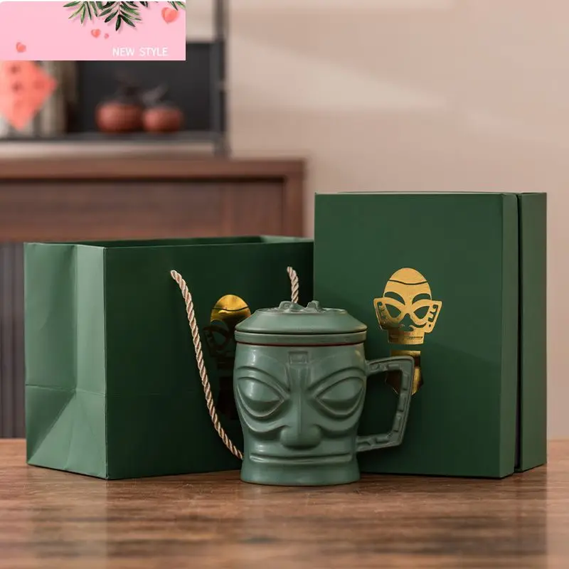 

320ml Chinese Ceramic Filter Teacup Creative Bronze Mask Sanxingdui Mug Custom Tea Set Gift Home Office Beauty Tea Infuser