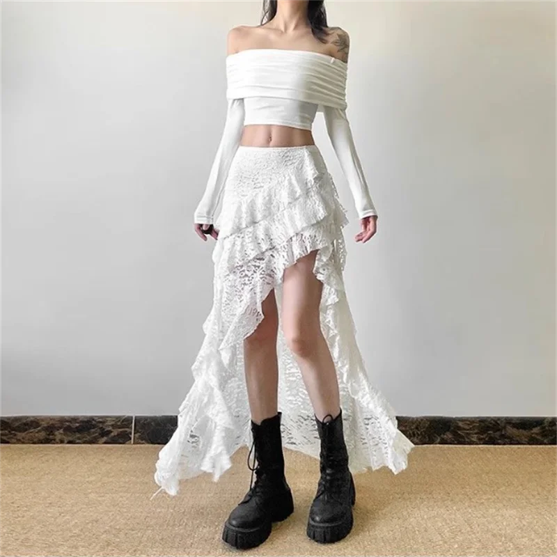 Lace Hollow-out Skirt Ladies Summer Lotus Stitching High Waist Skirt Irregular Hot Girl Half Dress Elasticity Sexy Dance Skirt ﻿