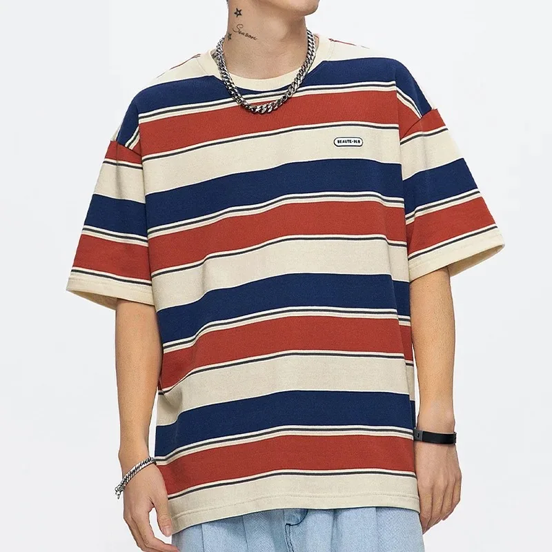 New Loose Contrast Color Short Sleeve Main Striped T-shirts Couples For Men And Women Summer Vintage Harajuku Tee Oversized Tops