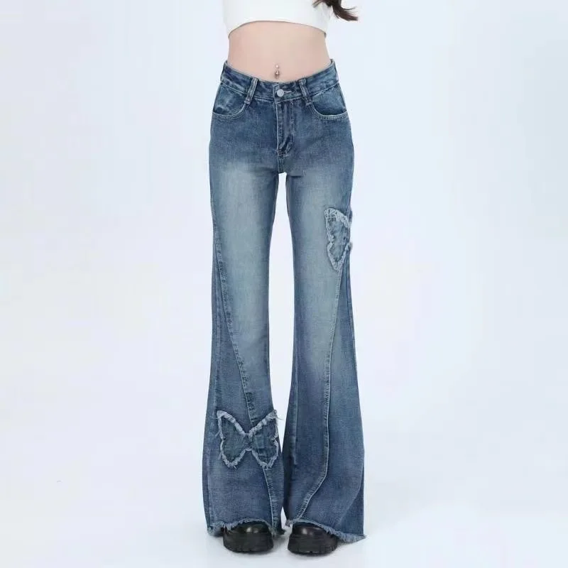 

Blue Flare Baggy Jeans Women's Vintage 90s Aesthetic Low Waist Cowboy Pants Harajuku Denim Trousers Femme Y2k Emo 2000s Clothes