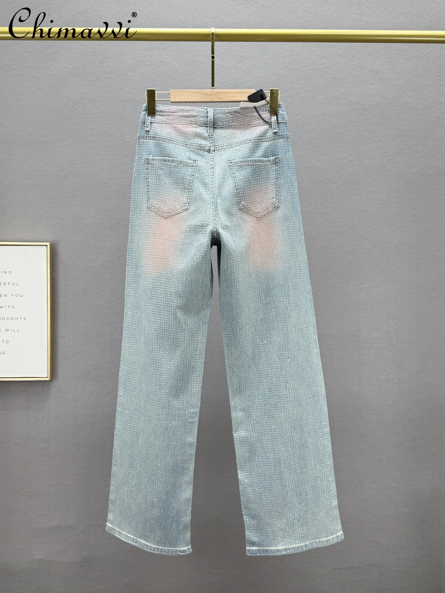 무거운 핫 다이아몬드 데님 스트레이트 바지 여성 봄, 여름 새로운 패션 높은 허리 하이 스트리트 유럽 바닥 Mopping 바지