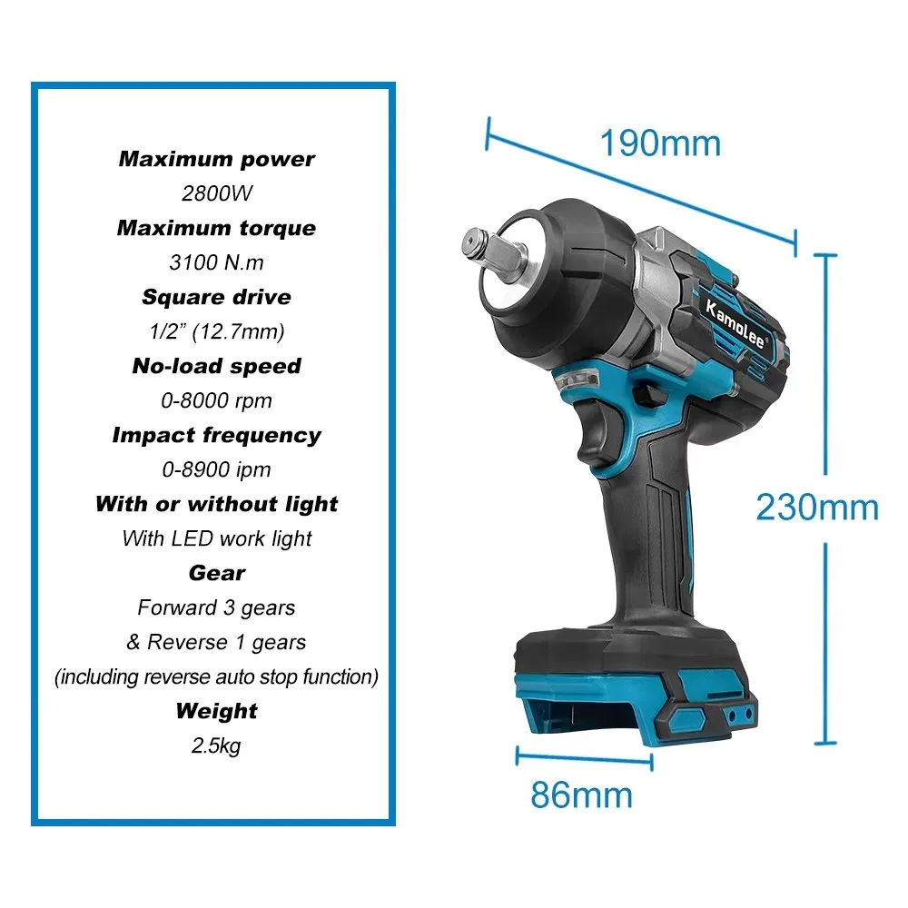 Kamolee 3100NM Wireless Charging High Torque Wrench 1/2 Inch Repair Electric Impact Wrench is compatible with Makita 18V battery