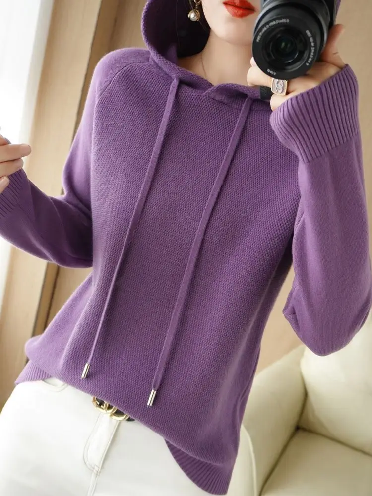 Pull à capuche pour femme automne hiver à manches longues chemise à fond chaud solide pulls décontractés hauts en tricot pull coréen 2025 rouge