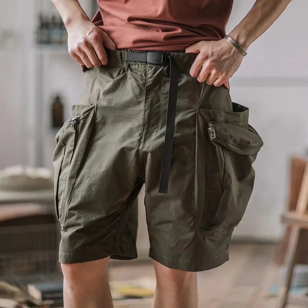 Summer Cargo Pants Men's Vintage Belt Design Safari Style Shorts Fashion Casual Baggy Pocket Zipper Sports Knee Length Trousers