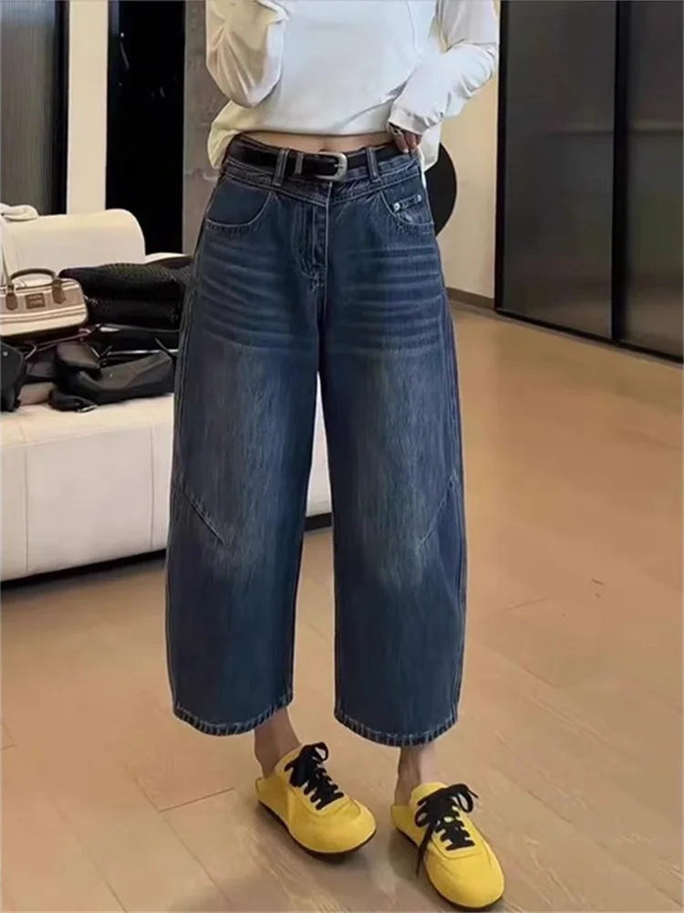 

plus Size American Retro Nine-Tenths Jeans Women's Loose High Waist Slim Straight Wide Leg Pants Casual Sle High Waist