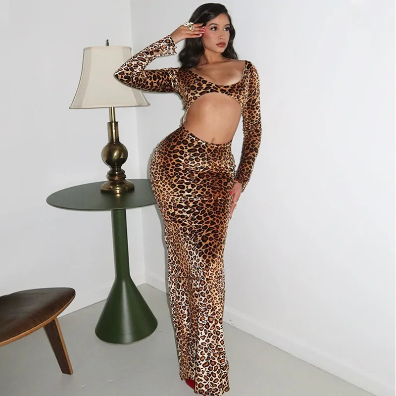 2024 herbst Low Cut Aushöhlen Sexy Leopard Kleid Frauen Langarm Bodycon Samt Lange Kleid Weibliche Nacht Club Party Kleider