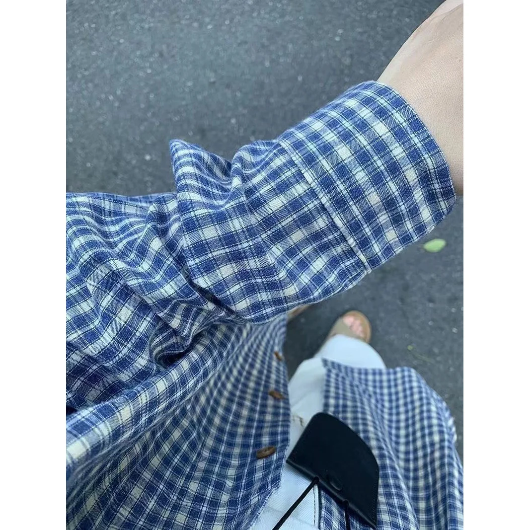 Koreanische Sle Luxus Blau Plaid irt frauen Frühling Herbst Lose Abnehmen Lange Sve Oberbekleidung Sonnenschutz irt