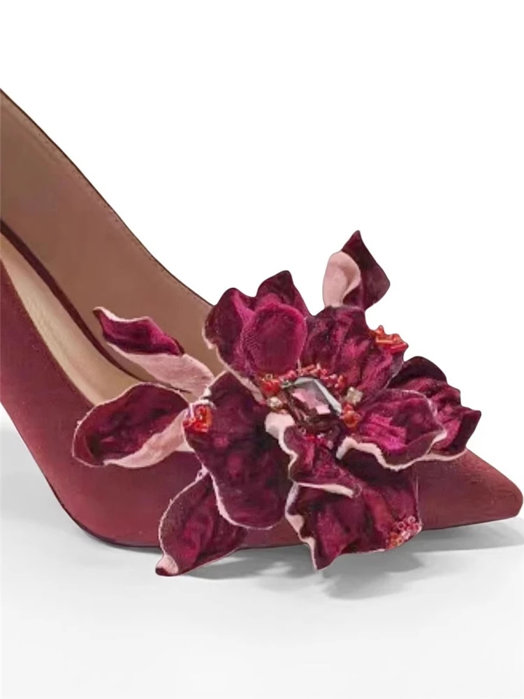 رقيقة عالية الكعب الربيع والخريف جديد وأشار المخملية ثلاثي الأبعاد حجر الراين مطرز زهرة أحذية مأدبة الأحذية النسائية