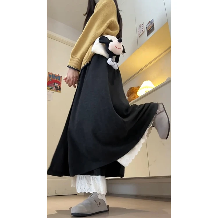 กางเกงลำลองเอวสูงผ้าลูกไม้สำหรับผู้หญิง ฤดูใบไม้ร่วง ฤดูหนาว แฟชั่นใหม่ ป้องกันริ้วรอย ไซส์เล็ก กระโปรงกางเกงแบบต่อผ้า สไตล์สบายๆ