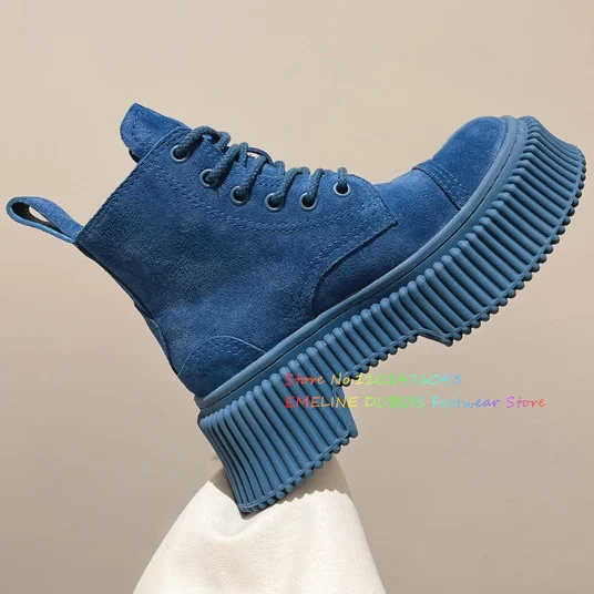 Cow Suede Thick Sole Ankle Boots Women Round Toe Platform High Heel Riding Comfort Lace Up Boots Autumn Casual Short Boot