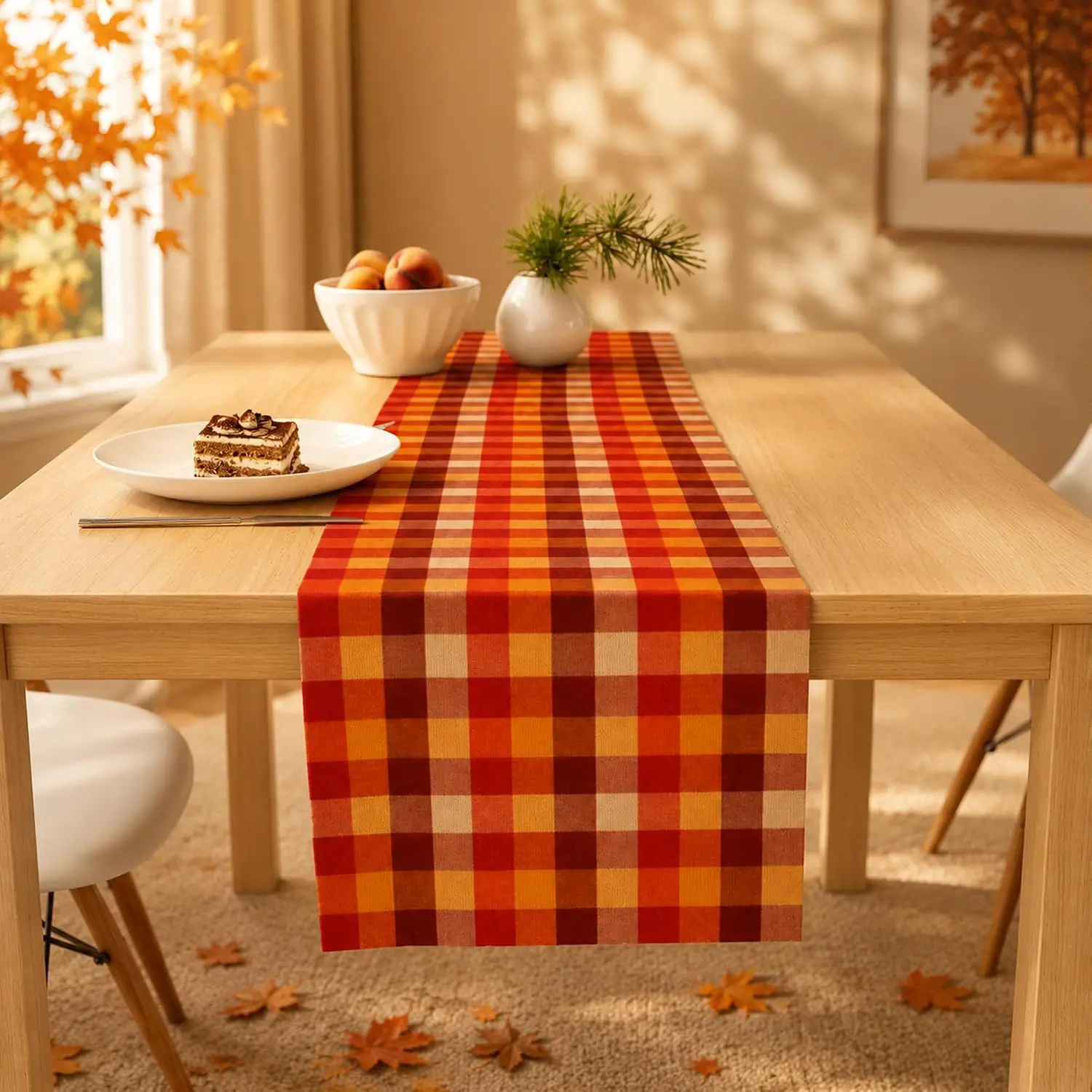 Orange Brown Plaid Fall Table Runner, Thanksgiving Centerpieces Backdrop Tablecloth, Indoor Outdoor Home Kitchen Dining Decor