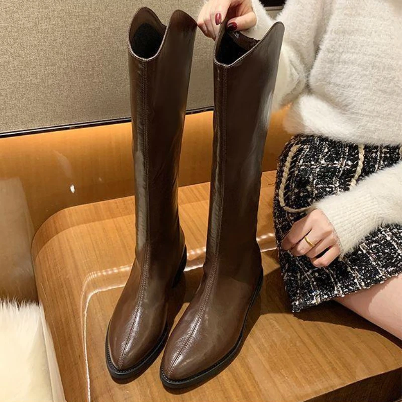 Shoes for Women Biker Black Long Pointed Toe Winter Knee High Shaft Footwear Ladies Boots Work Gothic Chic and Elegant Cosplay