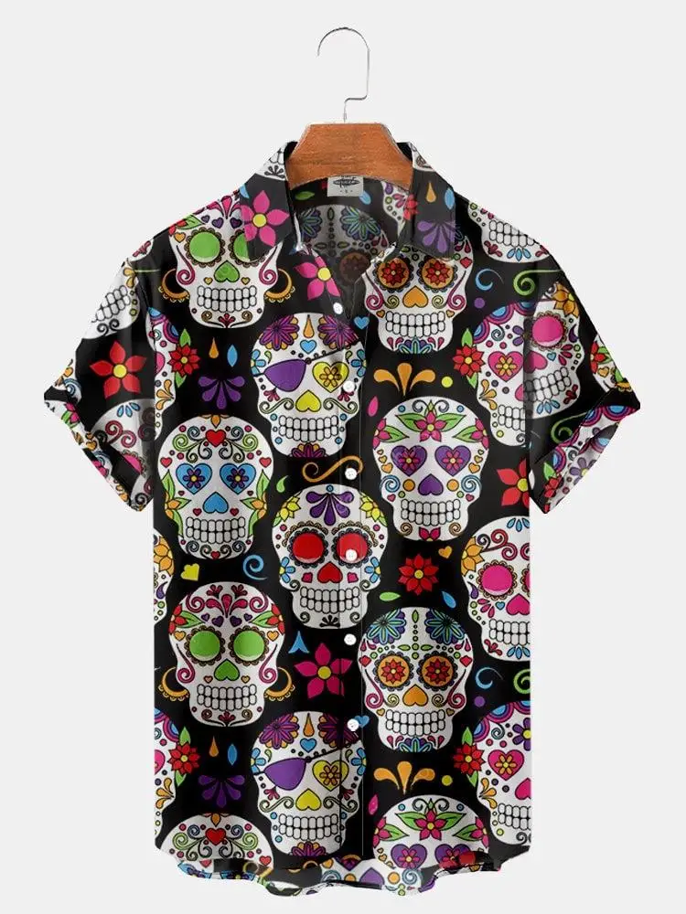 New Hawaiian Shirt For Men Skull 3d Printed Beach Shirt Short Sleeve Button Casual Men\'s Skull Shirts Oversized Camisa S-5XL