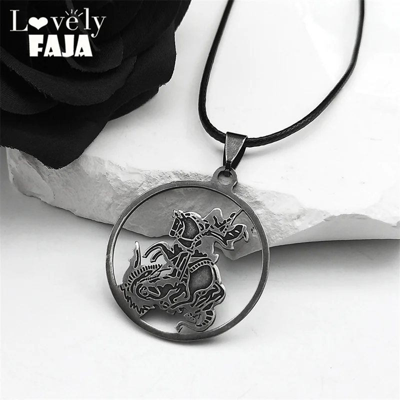 Archangel St.Michael Necklace Stainless Steel Protect Me Saint Shield Angel Black Leather Chain Necklaces Christian Jewelry Gift