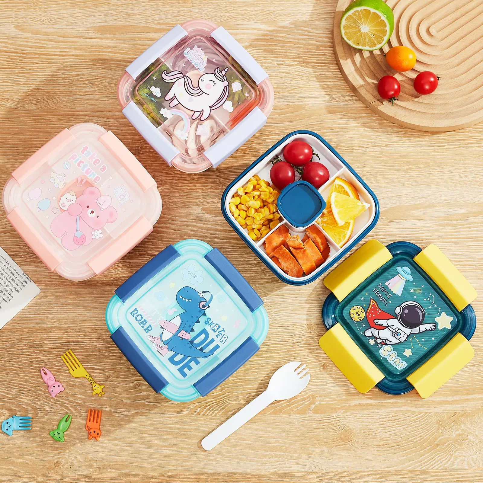 

Unicorn Lunch Box For Kids Cute Astronaut Dinosaur Bento Box Vegetable Salad Box Portable DIY Stickers Lunch Box For School