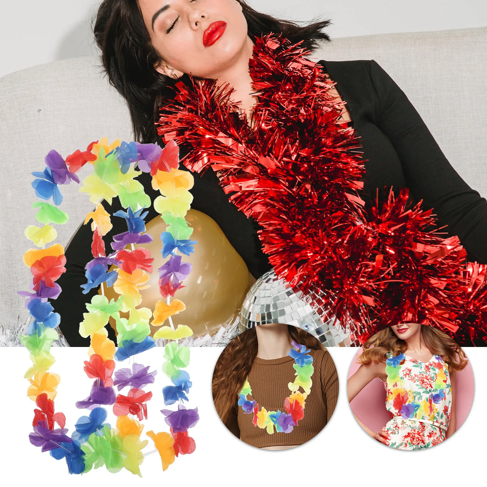 

2Pcs Colorful Rainbow Hawaiian Flower Lei Wreath Luau Party Supplies Beach Festival Garland Decor Hawaiian Wreath