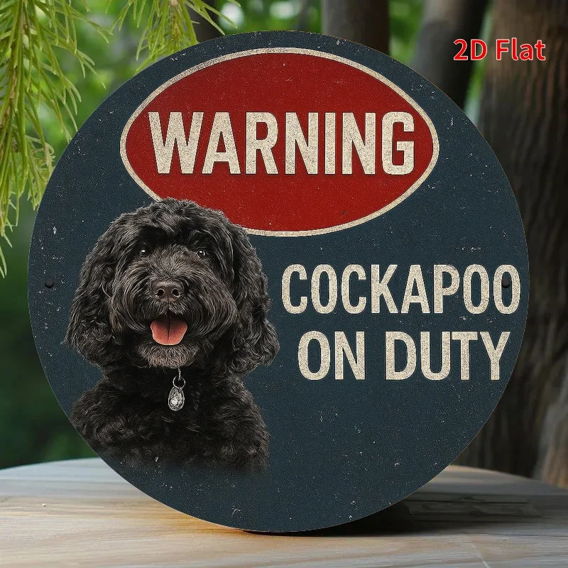 Funny Warning Black Dog Metal Plaque Sign - Cockapoo-Themed 2D Flat Print Pet Lover Gift, 20x20cm/7.8x7.8in Dark Blue & Red Bord