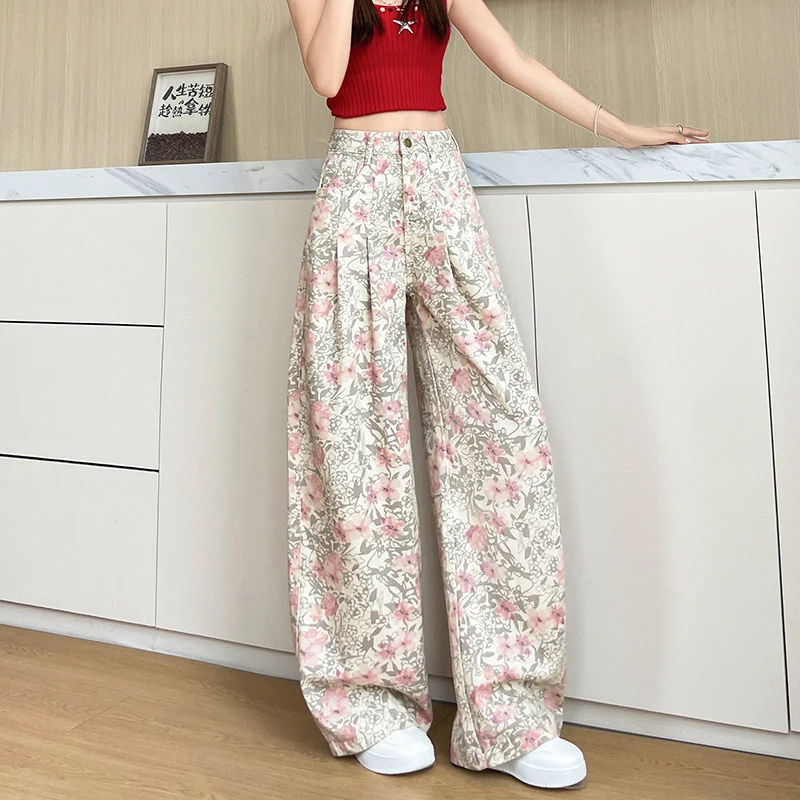 KSTUN Women High Waist Pleated Floral Print Wide Leg Jeans 100% Cotton Vintage Casual Daily Holiday Beach Streetwear Trousers