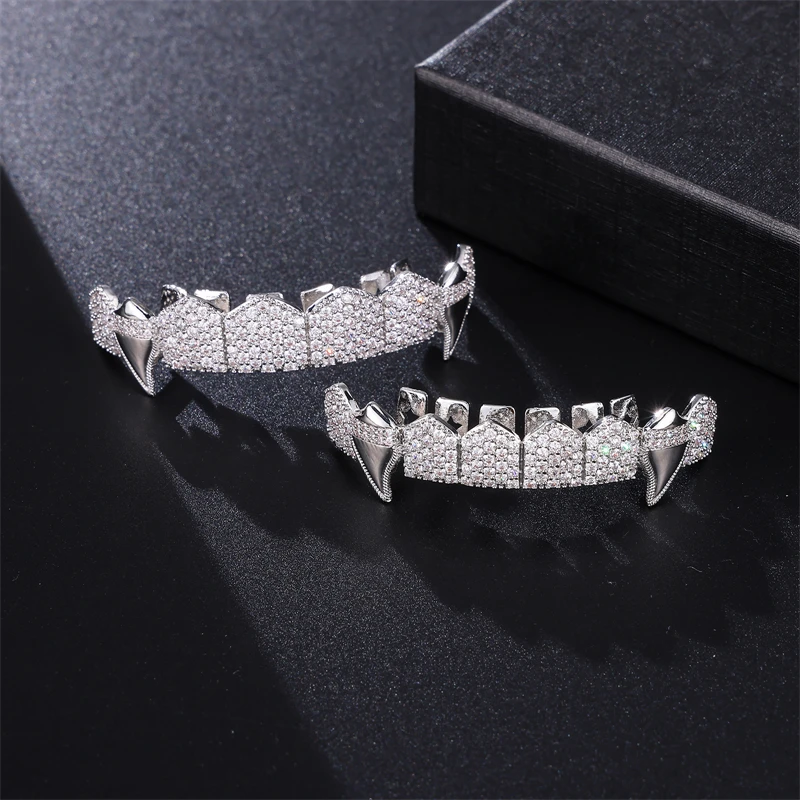 Hip Hop Full CZ Stones Teeth Grillz Caps Cubic Zircon Iced Out Micro Pave Top&Bottom Charm Grills For Men Women Jewelry