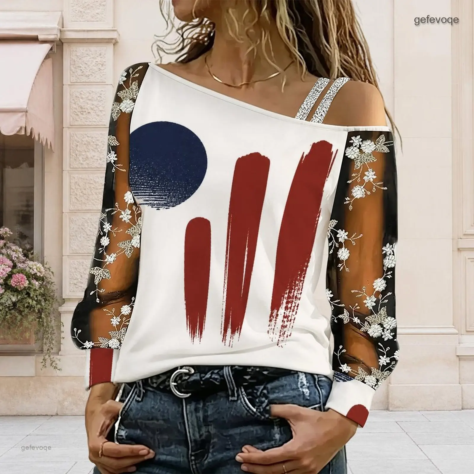 Women Asymmetric Cold Shoulder Distressed US Flag Print Long Sleeve Sheer Floral Embroidered Top