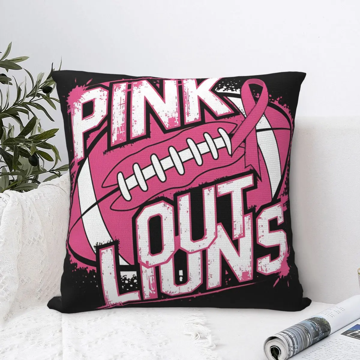 Lions Pink Out Football Tackle Breast Cancer Pillowcase Polyester Cushion Cover Decorative Pillow Case Cover Car Zippered 18'