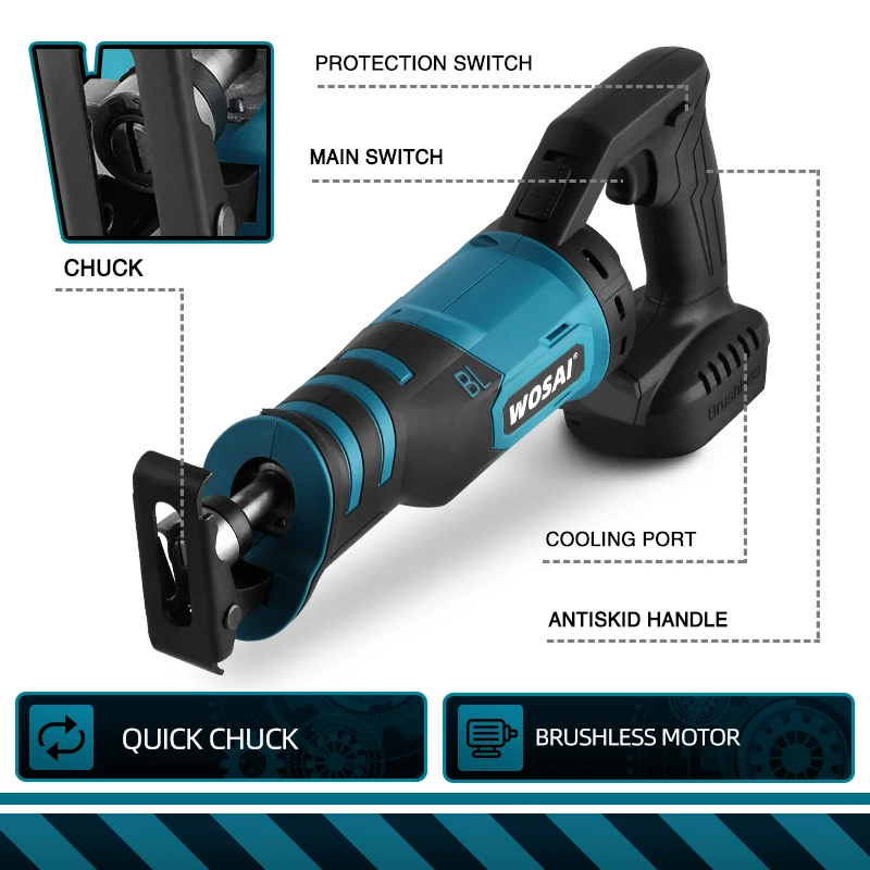 WOSAI 20V Brushless เลื่อยลูกสูบปรับ3ทิศทางโหมดตัดเลื่อยไฟฟ้า18V Makita แบตเตอรี่ลิเธียม