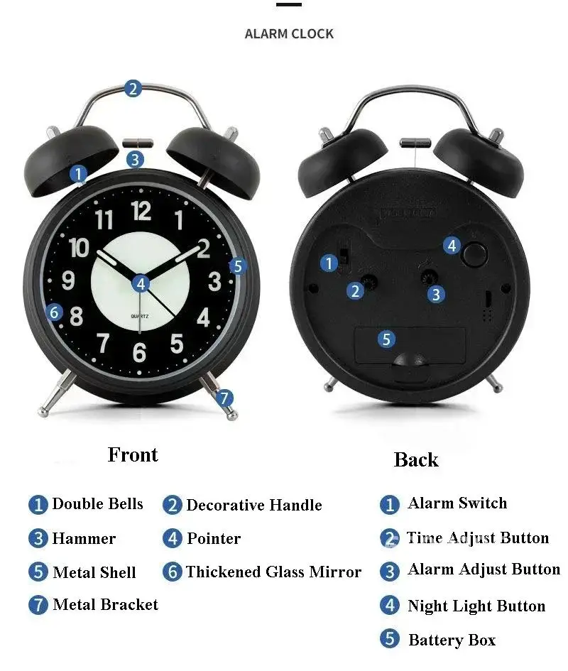 Silent Non-Ticking Analog Quartz 4 Inches Battery Operated Twin Bell Loud Alarm Clock with Backlight for Bedroom