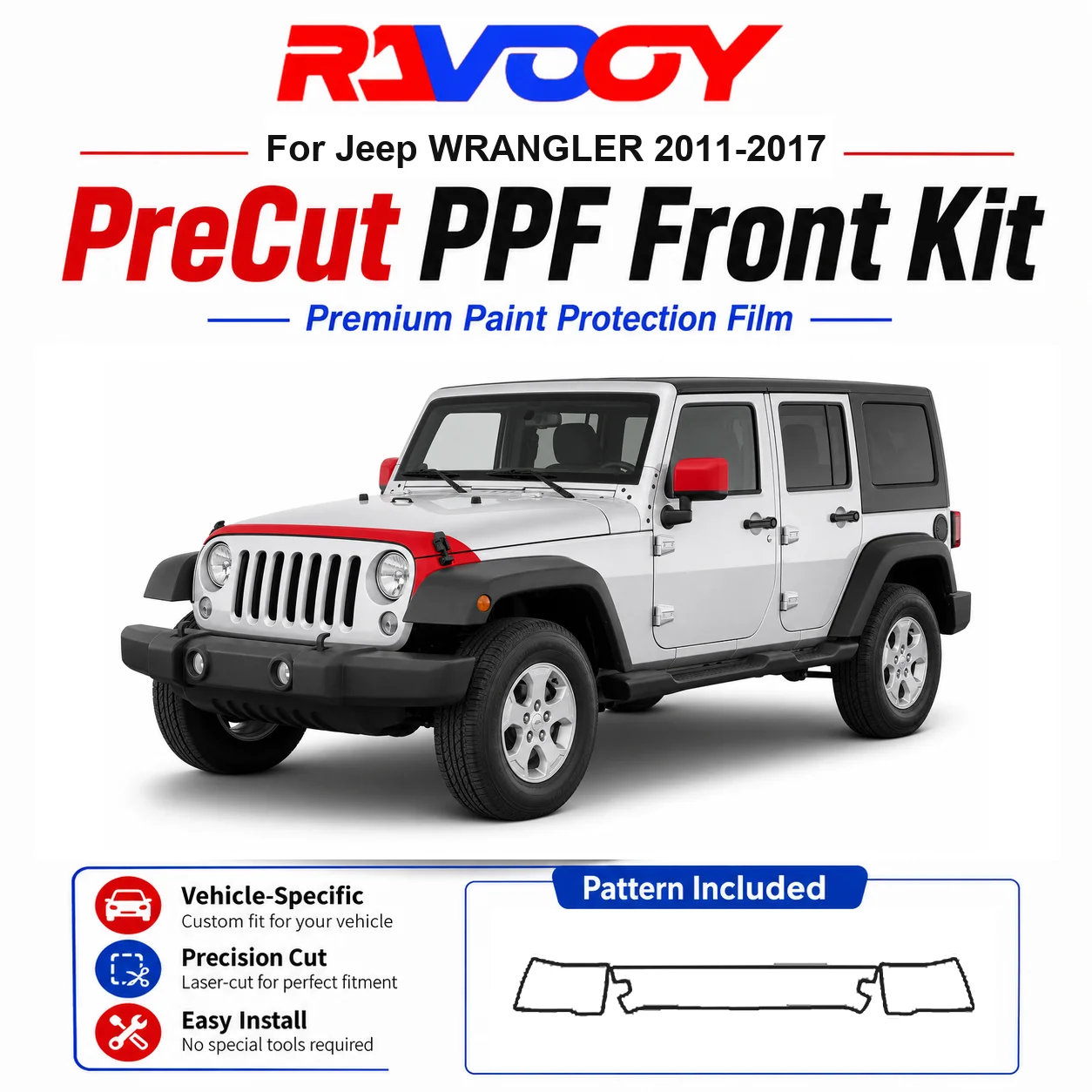

8.5mil TPU Precut PPF Kit For Jeep WRANGLER 2011-2017 - Hood, Fenders & Mirror Set - Self-Healing Clear Bra Film
