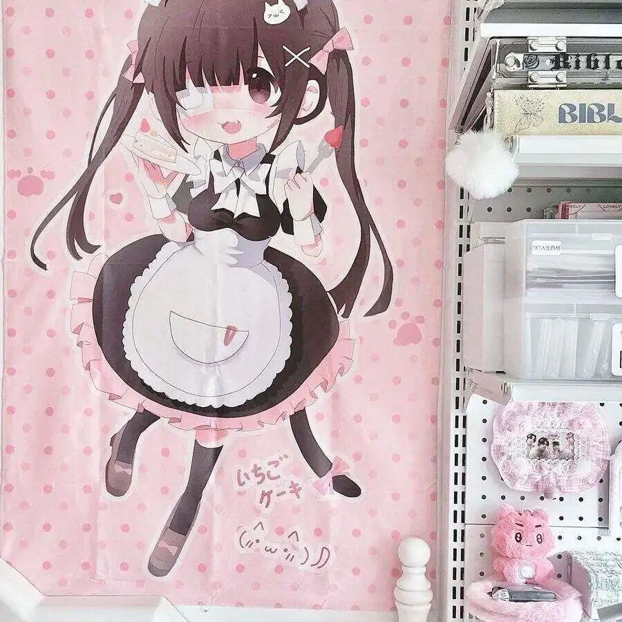 VIKAMA Kawaii Anime Maid Girl Tapestry Pink Polka Dot with Cake Wall Hanging for Bedroom Aesthetic