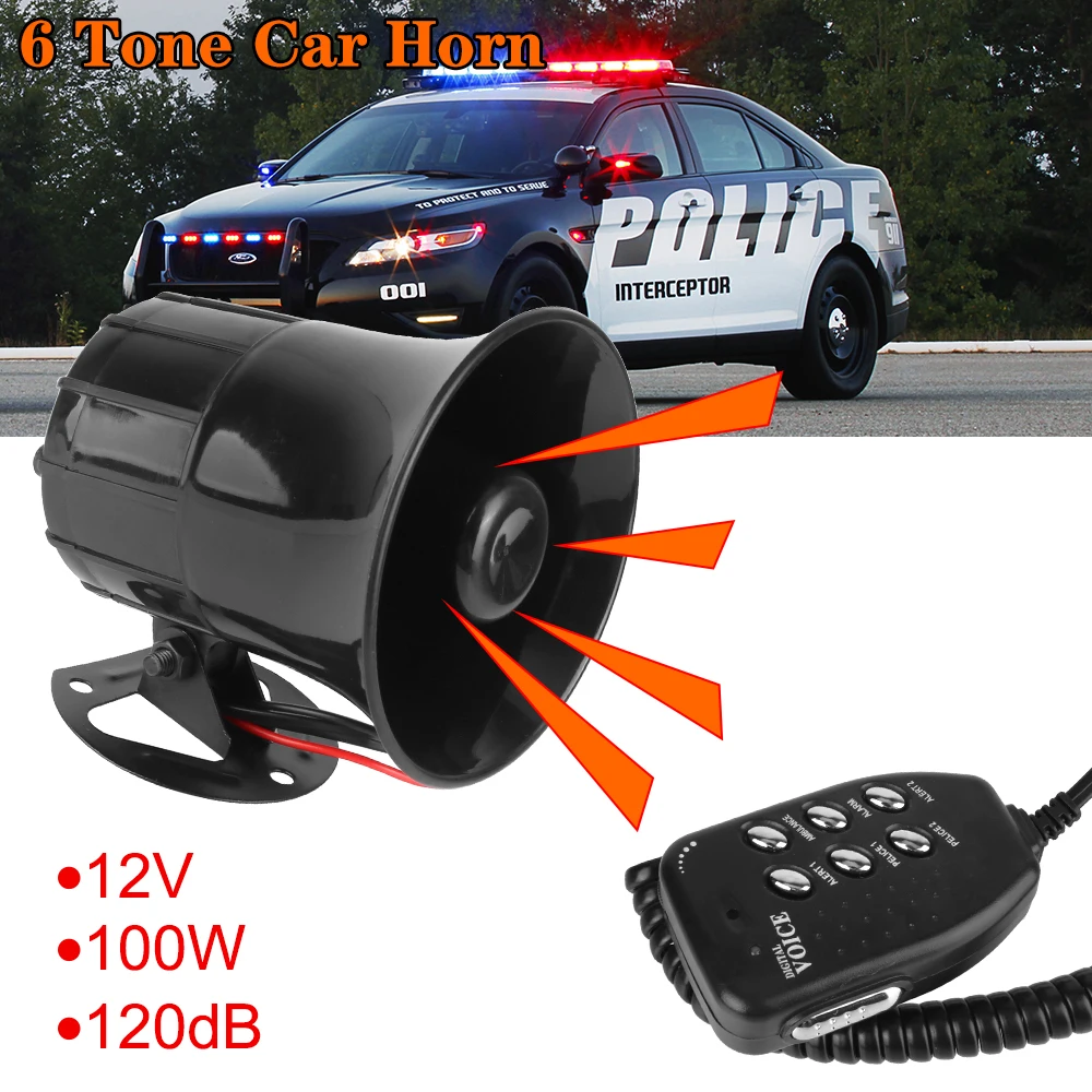 Multi-tone Claxon Horn Air Horn 6 Tone 120DB Loud Car Horn 12V 100W Police Siren Loud Speaker Car Warning Alarm Megaphone