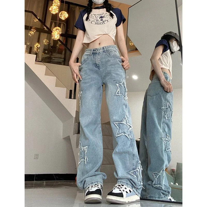 

Clothing And Jeans 2023 New Summer Cheap Women's Top Offers Five-pointed Star Embroidery Loose High Street Straight Tube Pants