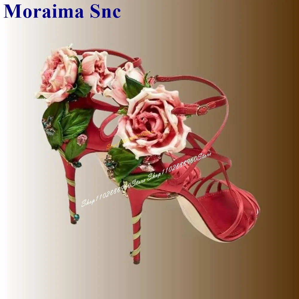 Stylish Floral Black Rose Decor Sandals Thin High Heel Women Shoes Ankle Buckle Strap Open Toe 2024 Fashion Zapatos Para Mujere