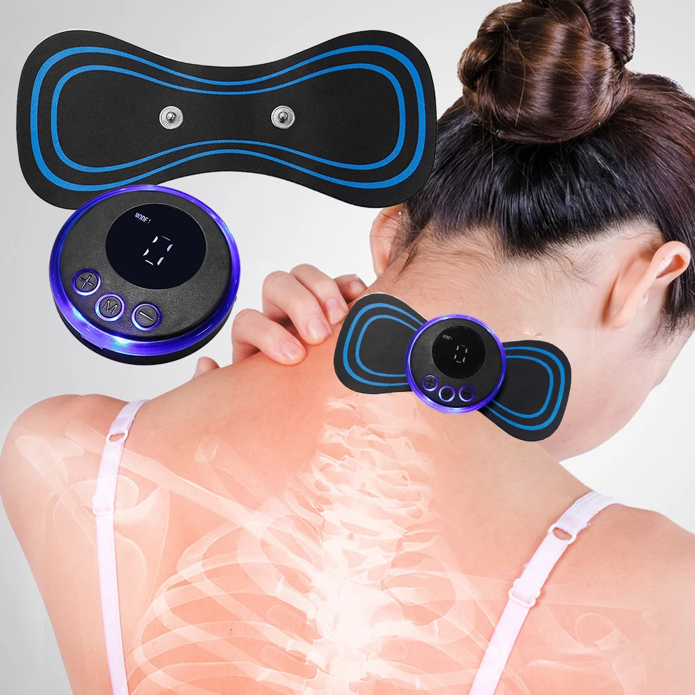 Masseur cervical portable TENS EMS, stimulation musculaire par impulsions, soulagement des douleurs au cou et au dos, amélioration de la circulation sanguine, utilisation à domicile.