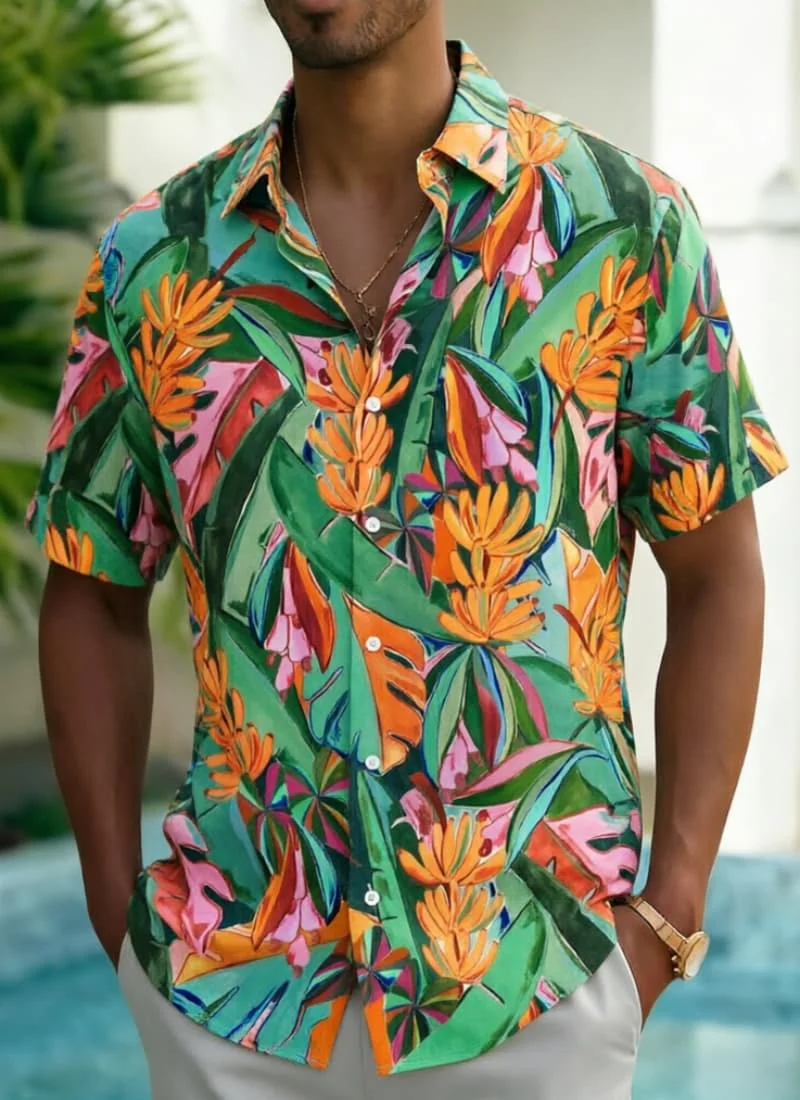 

Мужская рубашка с тропическим принтом, экзотический гавайский дизайн для летнего отдыха, повседневной носки и уличного стиля
