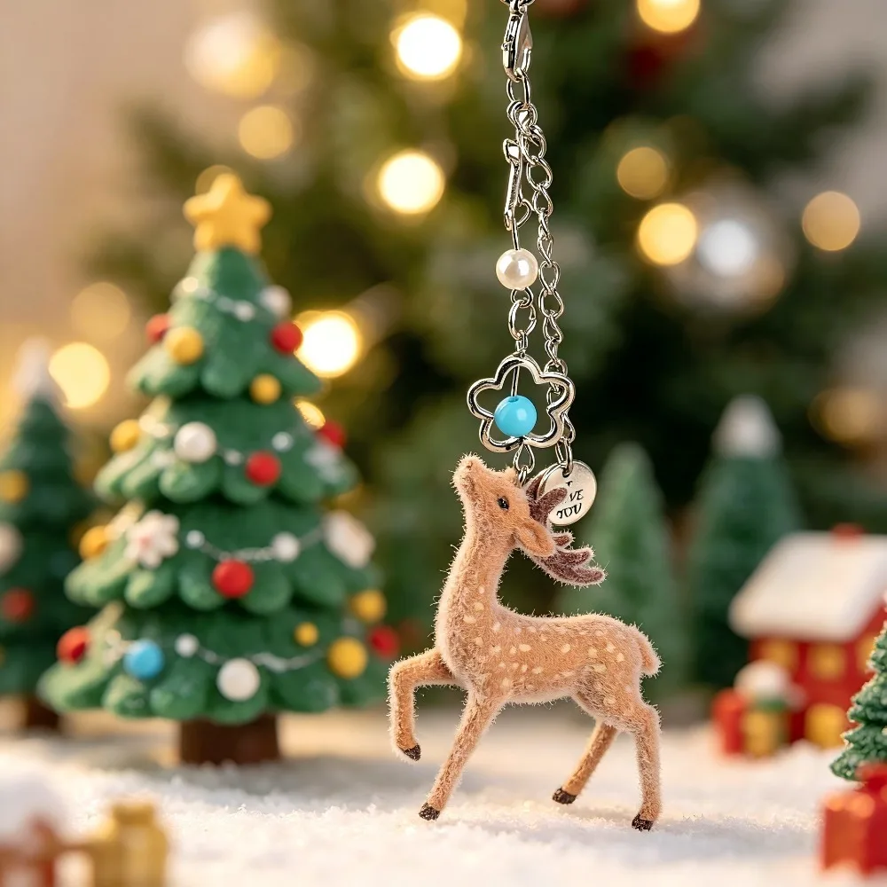 Flocking Deer Keychain for Women Bag Decor Christmas Elk Pendant Backpack Key Ring Christmas Cute Keychain Accessories Xmas Gift
