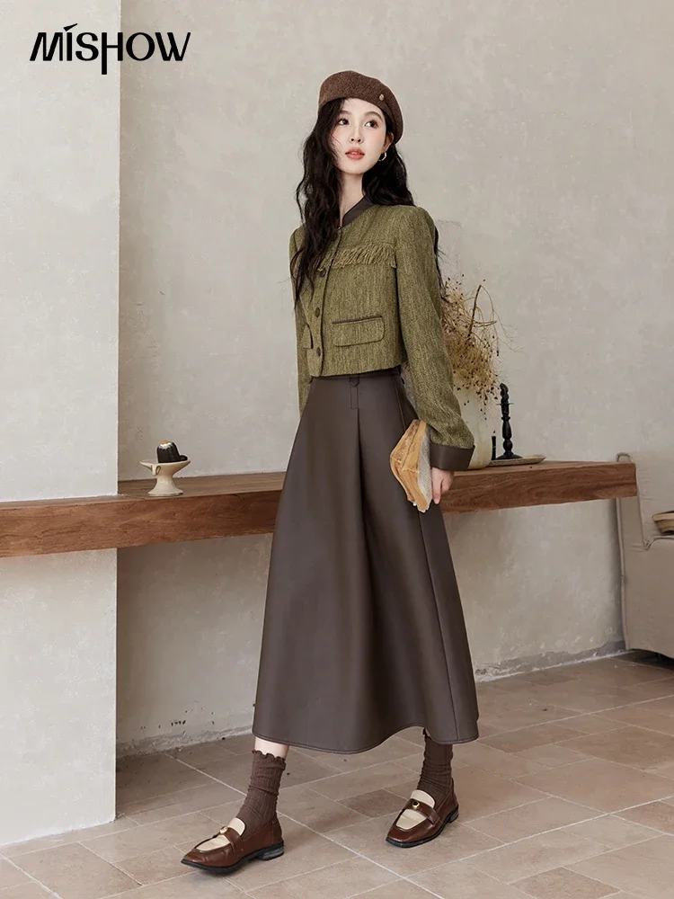 MISHOW Retro Jacket PU Leather Skirt Separate Women 2024 Winter Fragrant Tassels Contrast Color Coat Solid Midi Skirt MXD45W0433