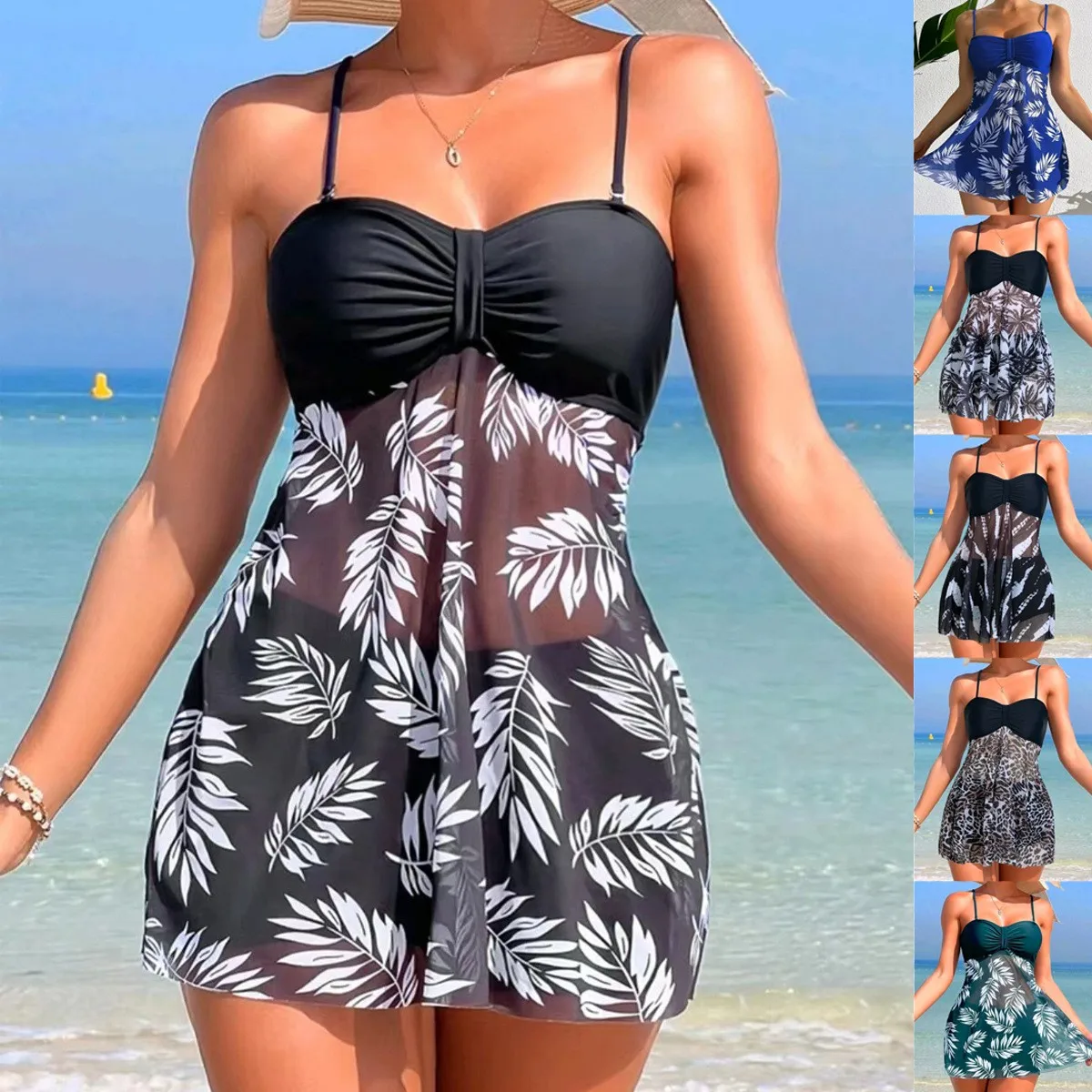 Women Swimwear Tropical Leaf Tankini Black Strapless Tankini Top High Waist Skirt Teal Green Ruched Bust Tankini Set Leopard
