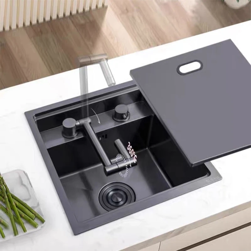 Nano Hidden Bar Kitchen Sink Black Folding Faucet Mini Small Single Bowl Wash Basin Stainless Steel Soap Dispenser Accessories
