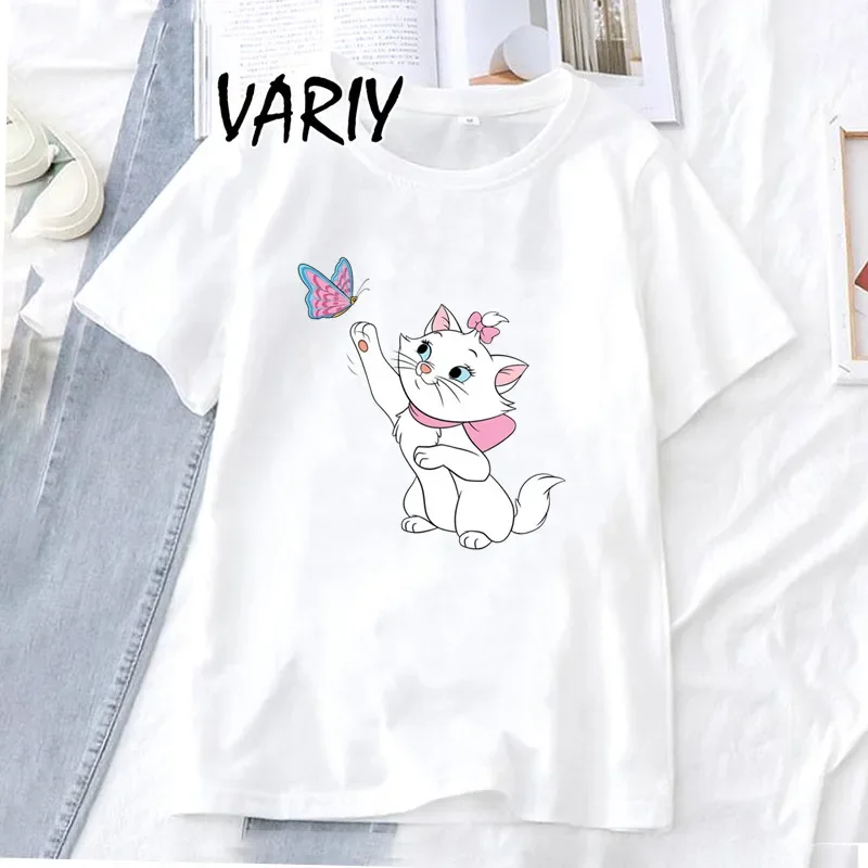 Cartoon Marie Cat T-Shirt Women's Clothing Summer White Aristocats Tshirts Female Kawaii Short Sleeve Graphic Tees Women